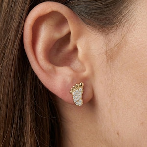 14K Gold Baby Feet Diamond Stud Earrings, Minimalist New Mom Push Present Jewelry