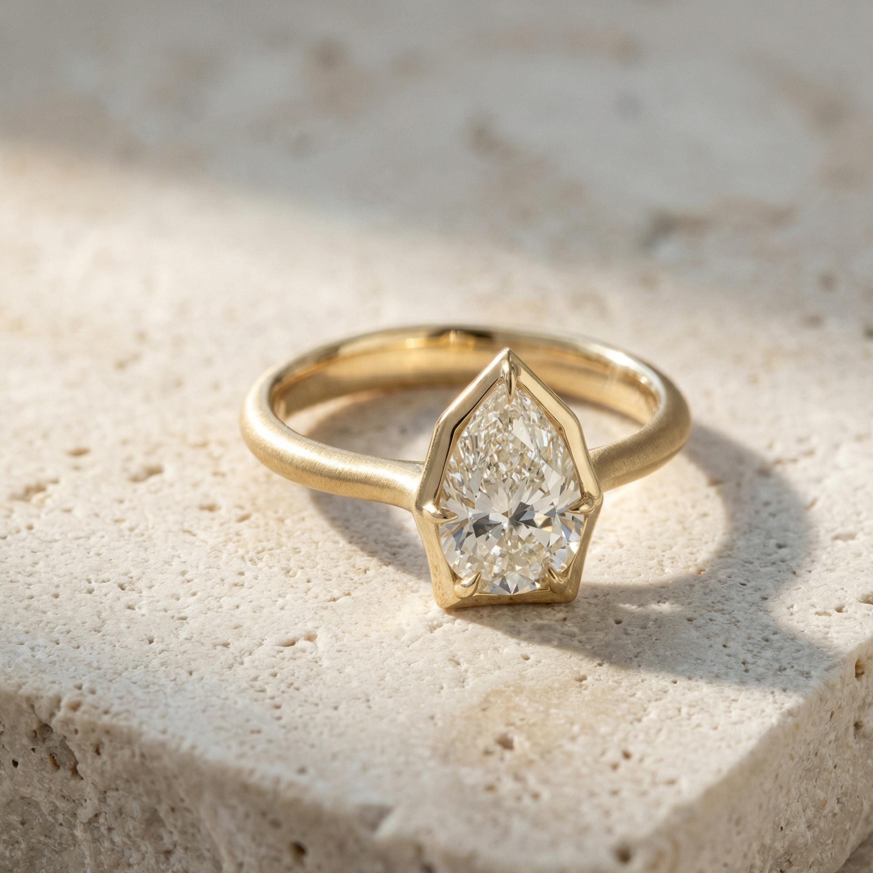 Pear Diamond Bezel Engagement Ring, 14K Matte Yellow Gold Solitaire ...