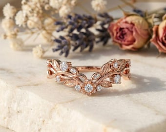 Anillo floral de oro rosa con diamantes, alianza de boda con hojas de vid, inspirado en la naturaleza