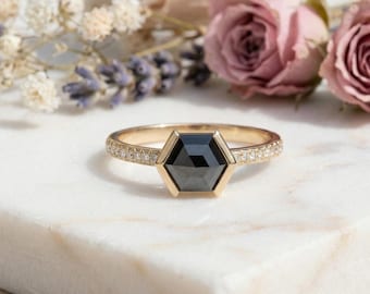 Hexagon Black Diamond Engagement Ring | Rose Gold, Lab Grown White Diamond Halo