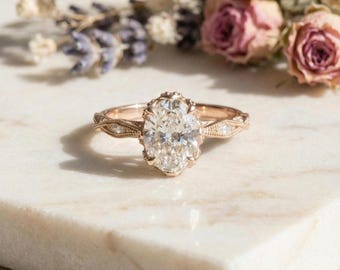 Anillo de compromiso con diamantes de laboratorio ovalados / Oro macizo de inspiración vintage