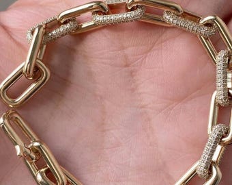 Paperclip-armband met diamanten pavé, 14 kt gouden architecturale kettingsieraden