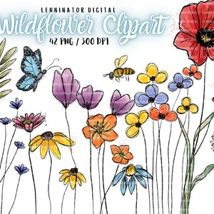 Wildflower Clipart Set - Hand getrokken PNG aquarel lentebloemen - schattige bloemensticker - tuinillustraties - Instant Download