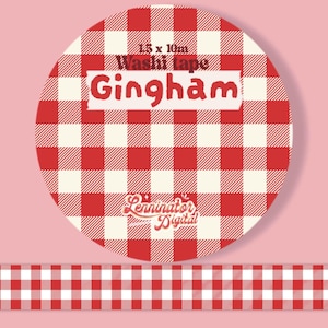 May include: A circular roll of washi tape featuring a red and white gingham check pattern. The text 1.5 x 10m, Washi tape, Gingham, and Lenninator Digital is printed on the roll. A strip of the same red and white gingham washi tape is below.