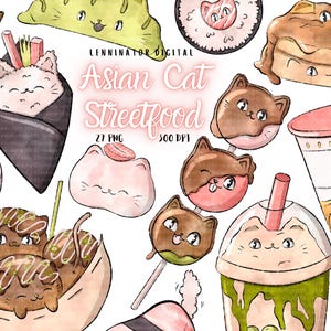 May include: A digital illustration set of 27 watercolor-style images featuring cute cartoon cats enjoying Asian street food. The set includes a variety of foods like dumplings, boba tea, takoyaki, and mochi. The text "Asian Cat Streetfood" is included in the image.