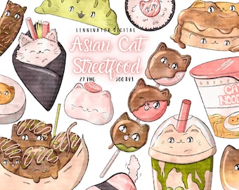 Asian Cat Street Food Clipart: Kawaii Watercolor Kitten Snacks (PNG Digital Download)