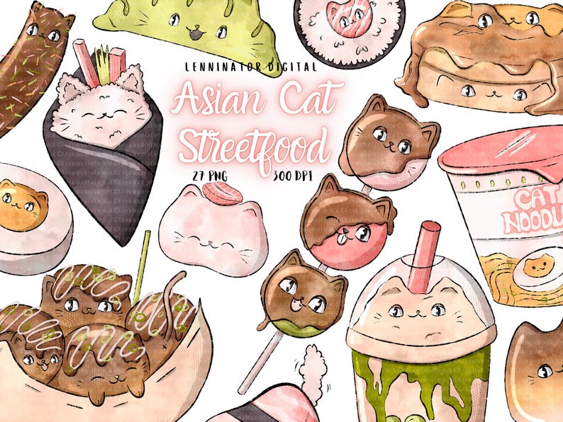 May include: A digital illustration set of 27 watercolor-style images featuring cute cartoon cats enjoying Asian street food. The set includes a variety of foods like dumplings, boba tea, takoyaki, and mochi. The text "Asian Cat Streetfood" is included in the image.