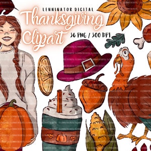 Watercolor Thanksgiving PNG Clipart - Hand Drawn Digital Fall Planner Stickers - Cute Fashion autumn Girls and Harvest Food illustrations
