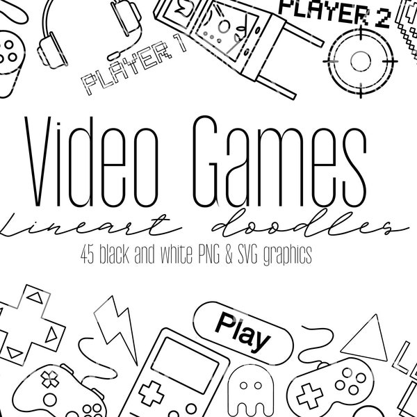 Retro Video Games Doodle SVG PNG Clipart Bundle | Simple Black and White Gamer Outline Illustrations | Digital Planner Doodles | Arcade game