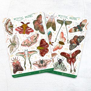 Mystieke nachtvlinder stickervellen - schattige handgemaakte nachtvlinder plakboekstickers, bulletjournal, planners, magisch bruin groen rood goud