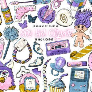 Clipart enfant des années 90 - aquarelle PNG dessinés à la main jouets des années 90 - jolies illustrations rétro de l'an 2000 - nostalgie du millénaire - fête néon des années 90 - numérique