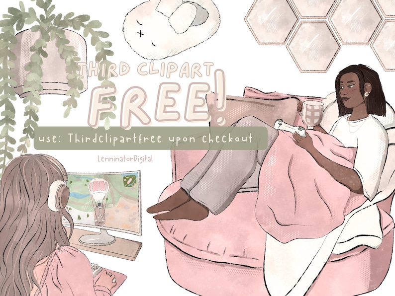 May include: Two women relaxing at home. One woman is playing a video game on a computer, while the other is sitting on a pink armchair with a blanket and a mug. The text "Third Clipart Free! Use: Thirdclipartfree upon checkout" is visible in the image.