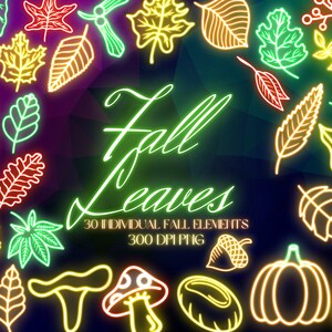 Clipart de feuilles d'automne néon - sticker numérique feuille forêt PNG brillant dessinés à la main - Illustration automne citrouille champignon pomme de pin gland châtaignier
