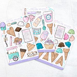 Eis Aufkleber Bogen - Niedliche handgemachte italienische Gelato Scrapbook Aufkleber, Bullet Journal, Eistüte, Aromen, Toppings, Eisbecher