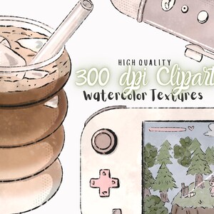 May include: Watercolour clipart set featuring a glass of iced coffee with a straw, a handheld video game console with a pixelated forest scene on the screen, and a microphone. The text "300 dpi Clipart Watercolor Textures" is written in green and white.