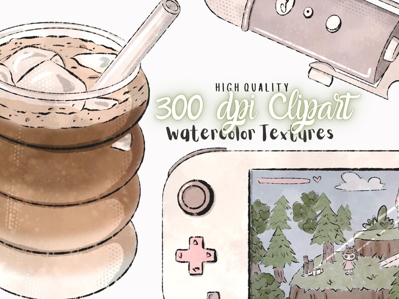 May include: Watercolour clipart set featuring a glass of iced coffee with a straw, a handheld video game console with a pixelated forest scene on the screen, and a microphone. The text "300 dpi Clipart Watercolor Textures" is written in green and white.