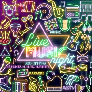 Neon Music Clipart, Glowing Musical Instrument Doodles, Live Performance Karaoke Talent Party, Percussion Guitar Saxophone Microphone DJ