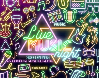 Neon Music Clipart, Glowing Musical Instrument Doodles, Live Performance Karaoke Talent Party, Percussion Guitar Saxophone Microphone DJ
