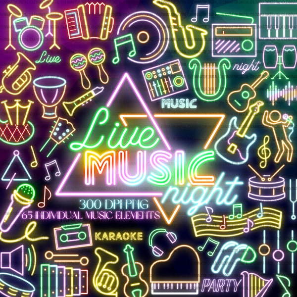 Neon Music Clipart, Glowing Musical Instrument Doodles, Live Performance Karaoke Talent Party, Percussion Guitar Saxophone Microphone DJ