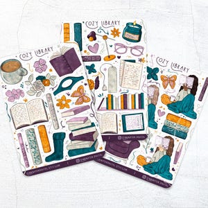 Gezellige bibliotheek stickervellen - schattige handgemaakte boekenliefhebber plakboekstickers, bulletjournal, boekenwurm, leesplanners, Kindle-decoratie