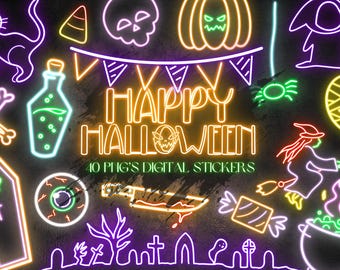 Neon Halloween Clipart – Spooky Glowing PNG Bundle (Digital Download)