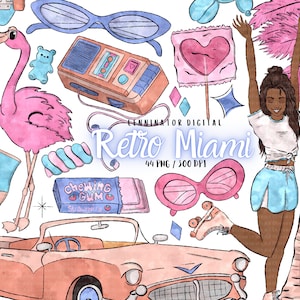 Retro Miami Beach Clipart - Akwarela Art Deco PNG - Mordern Vintage California Girl Planner Naklejki - Cyfrowa ilustracja Spring Break