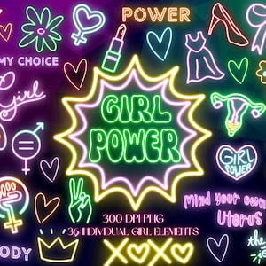 Neon Girl Clipart Bundle, PNG Feminism Digital Sticker, Glowing Girly Icon, Girl Power Birthday, Female Flower Lipstick Equality Empowerment