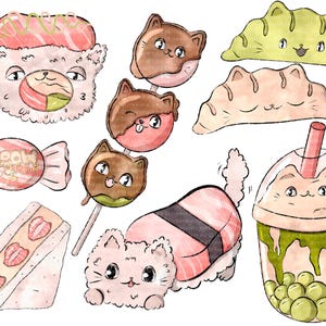 May include: A set of watercolor illustrations featuring cute cartoon cats with various Japanese-inspired treats, including sushi, mochi, candy, and boba tea.