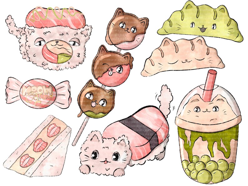 May include: A set of watercolor illustrations featuring cute cartoon cats with various Japanese-inspired treats, including sushi, mochi, candy, and boba tea.