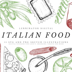 Italian Food Sketch Clipart - Hand Drawn SVG PNG Kitchen Menu Planner Stickers - Italy Pizza Wine Olives and Pasta shape illustrations