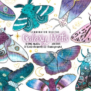 Galaxy Motten Clipart - Handgezeichnete PNG Aquarell Schmetterling Aufkleber - Blau Rosa Lila & Gold Elemente - Mystische Fantasy Himmlische Insekten