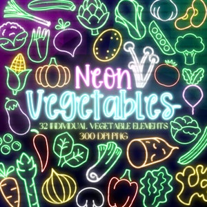 Neon Vegetable Clipart - Digital PNG Heathy Food Stickers - Planner Invitation Menu - Pumpkin Corn Eggplant Mushroom Beans Potato Ginger