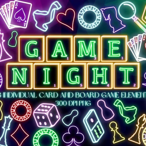 Neon Board Game PNG Clipart Bundle | Card and Board Games | Retro Digital Download | Classic Family Games | Dice Playing Cards Poker Chess