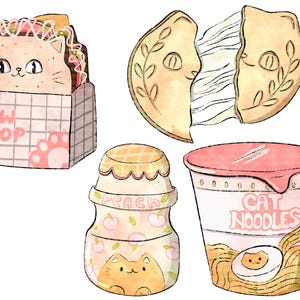 May include: A set of four illustrated cat-themed food items. A pink and white box with the text "paw drop" contains a sandwich with a cat face. A peach-colored yogurt container with a cat face and the text "peach" is next to a pink and white cup of cat noodles with the text "cat noodles". A yellow and white cookie with a cat face is broken in half.
