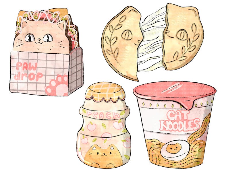 May include: A set of four illustrated cat-themed food items. A pink and white box with the text "paw drop" contains a sandwich with a cat face. A peach-colored yogurt container with a cat face and the text "peach" is next to a pink and white cup of cat noodles with the text "cat noodles". A yellow and white cookie with a cat face is broken in half.