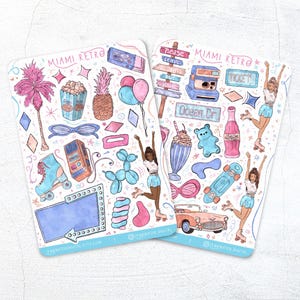 Hojas de pegatinas retro de Miami: pegatinas de chica californiana hechas a mano, para bullet journal, agenda, papelería art déco de los años setenta, papel mate