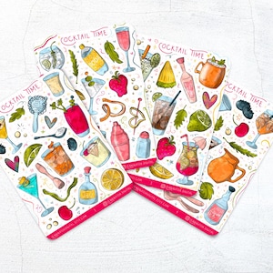 Fogli di adesivi per cocktail - Adesivi per cocktail Happy Hour fatti a mano, Bullet journal, Party Planner, Vacanze estive tropicali, Bar Mixology