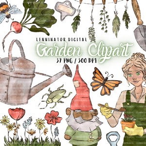 Clipart jardin aquarelle - PNG Illustration printanière mignonne - agenda numérique plante parent - papillon, abeille, lapin, nain, fleurs et plus encore !