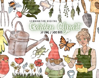 Watercolor Garden Clipart – Spring Flowers, Gnome, Bee, Bunny (PNG Digital Download)