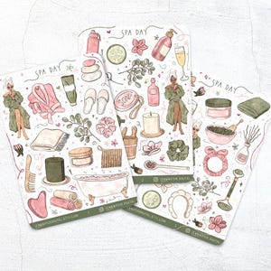 Feuilles d'autocollants pour une journée au spa - Adorables autocollants bien-être faits main pour scrapbooking, Bullet Journal, agendas de soins personnels, salle de bain relaxante zen, salon de beauté