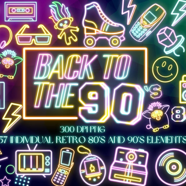 Retro 80s 90s Neon Clipart Bundle PNG Digital Download, Nostalgic Toys and Vintage Electronics, Futuristic Glowing Party Style Illustrations