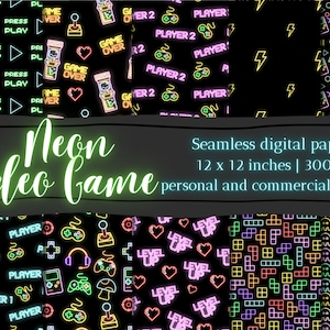 Ensemble de papier numérique néon rétro pour jeu vidéo | fond lumineux | Jeu d'arcade des années 90 | Modèle sans couture imprimable | Papier numérique pour scrapbooking