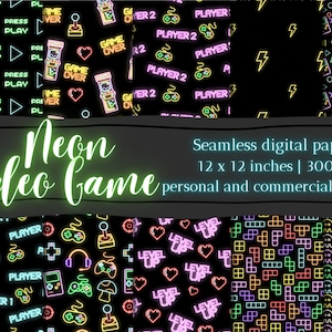 Retro Neon Video Game Digital Paper Set | Glowing Background | Nineties Arcade Game | Printable Seamless Pattern | Digital Scrapbook Paper