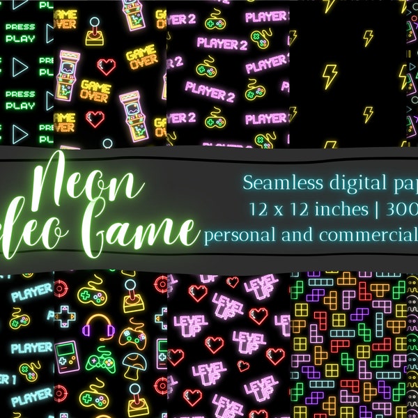 Retro Neon Video Game Digital Paper Set | Glowing Background | Nineties Arcade Game | Printable Seamless Pattern | Digital Scrapbook Paper
