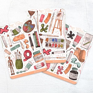 Hojas de pegatinas para estudio de arte: bonitas pegatinas hechas a mano para álbumes de recortes, bullet journal, clases de arte, pinceles y acuarelas.