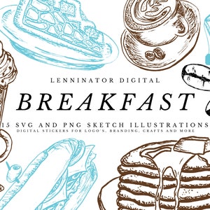 Hand Drawn Breakfast Clipart - Black and White SVG & PNG Sketch Illustration - Coffee Cafe Bakery Menu Food - Digital Planner Stickers
