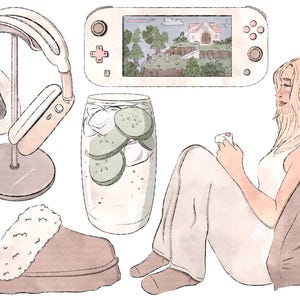 May include: A watercolour illustration of a cosy living room scene with a person relaxing on a sofa. The person is wearing a white vest top and has a pink headband and headphones. They are holding a video game controller and are looking at a handheld video game console. There is a glass of cucumber water on a table next to a pair of fluffy slippers.
