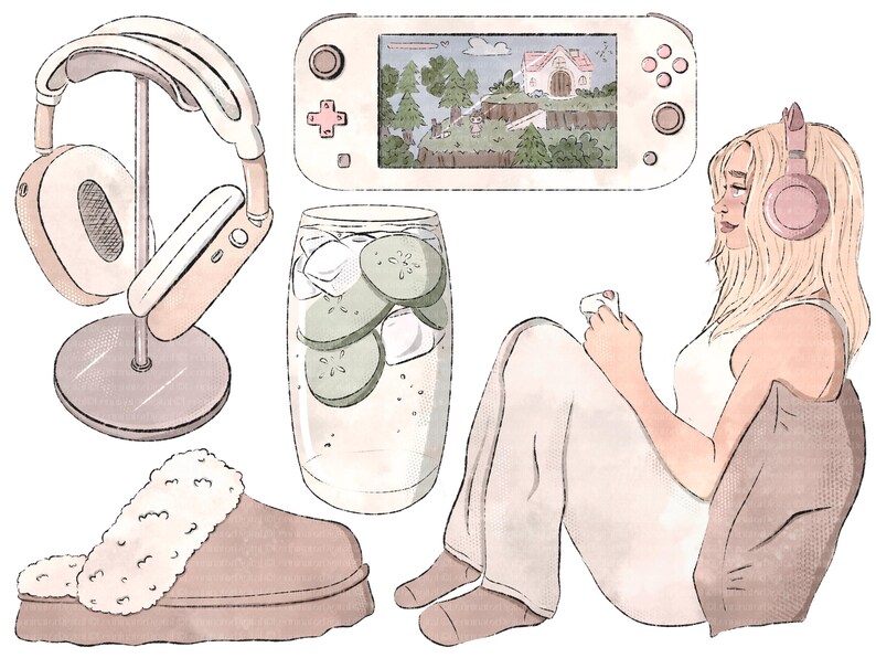 May include: A watercolour illustration of a cosy living room scene with a person relaxing on a sofa. The person is wearing a white vest top and has a pink headband and headphones. They are holding a video game controller and are looking at a handheld video game console. There is a glass of cucumber water on a table next to a pair of fluffy slippers.