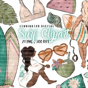 Surfer Girl PNG Clipart Set - Textura aquarela pastel desenhada à mão - Mar, Vibrações de praia - Ilustrações fofas de garota de verão - Download digital