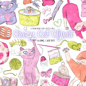 Clipart chat fou - Illustrations de chaton PNG aquarelle dessinés à la main - Stickers numériques amoureux des chats - couleur néon - mignon drôle d'animal de compagnie à télécharger